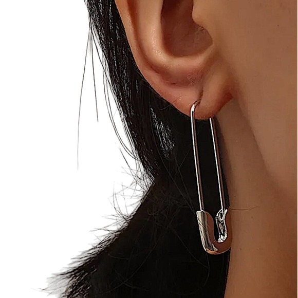 Silver Safety Pin Oversized Earrings - Picture 1 of 5